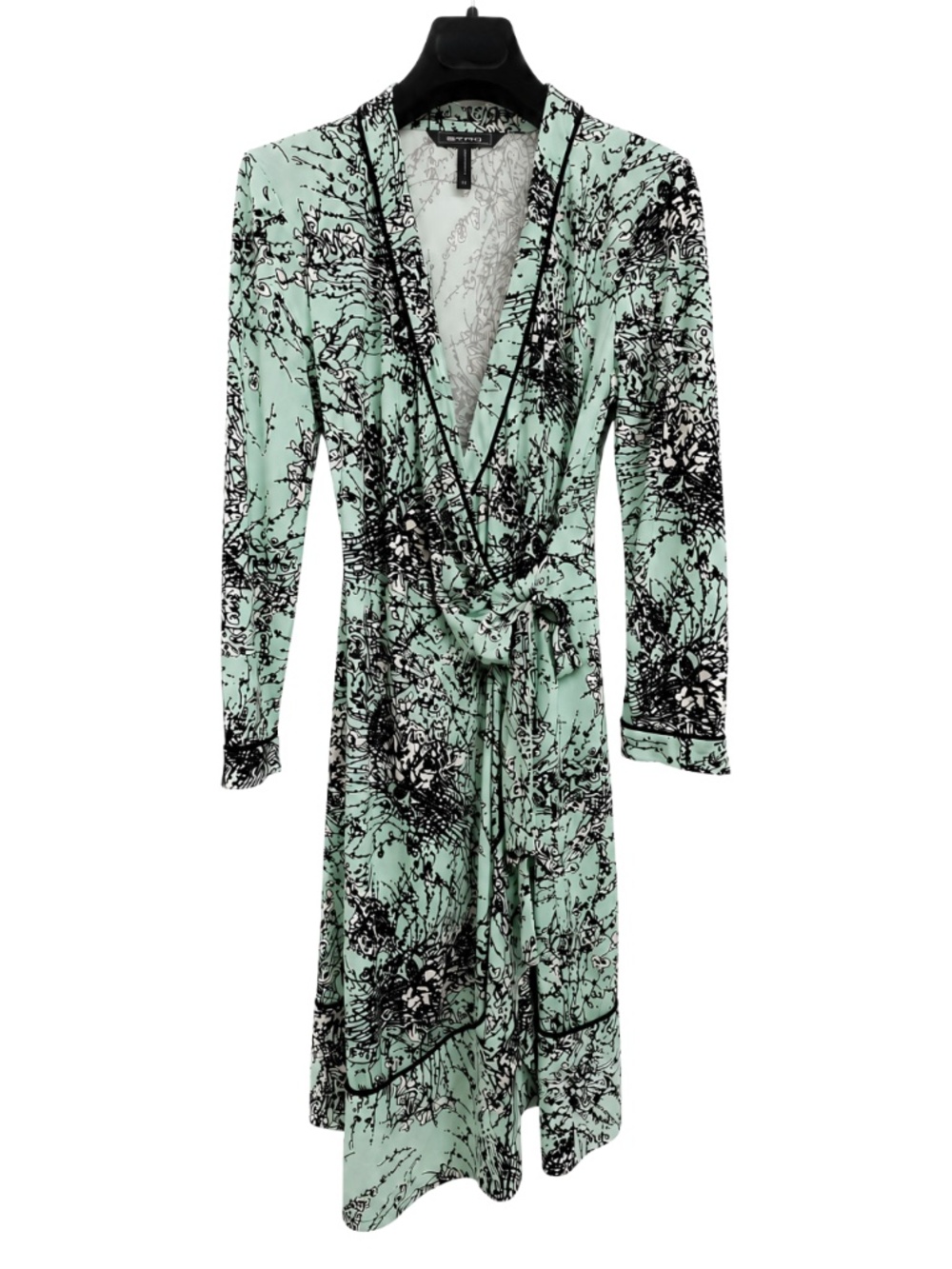 (NWOT) BCBGMAXAZRIA Adele Robe-Style Wrap Dress Mint Black Geo Tie Waist | Small